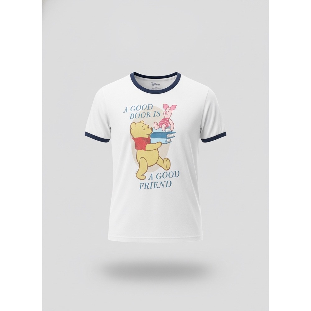 Vintage Disney Print Winnie the Pooh Ringer T-Shirt Men XL Cream Navy Blue book